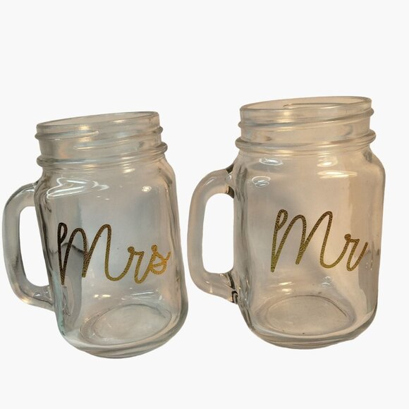 Mr Mrs Mason Jar Mugs Gold Script Writing Wedding Gift Anniversary Lot 2 - Picture 1 of 12